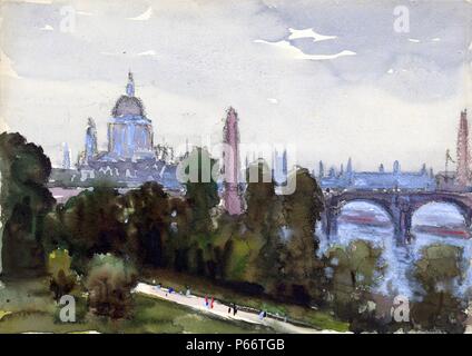 Der St. Paul's aus meinem Fenster von Joseph Pennell 1857-1926, Künstler. Blick auf St. Paul's und anderen Londoner Türme und Brücken, über die Schwere grüne Bäume am Ufer. Farben, Grün, Schwarz, Braun, Grau, Creme, Rosa, Violett, Rot, Weiß und Blau auf weißem Papier. Rosa Obelisk in der Mitte sichtbar, creme Gehweg mit Figuren in extremen Vordergrund. Zwischen 1890 und 1923 datierte Stockfoto