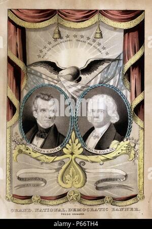 Eine von mehreren Kampagnenbanner Nathaniel Currier ist bekannt für die Demokraten im Jahr 1844 produziert zu haben. Es verfügt über Zwei Lorbeer - Wreathed, ovalen Porträts von demokratischen Präsidentschafts- und vice-Präsidentschaftskandidaten James K. Polk (links) und George M. Dallas (rechts). Die Drucken imitiert die hängende Vorhänge und Quasten Stoff Banner, anstrebt, "trompe-l'oeil-Effekt. In der Mitte, oben die Porträts, scheinen, einen Adler und mehrere amerikanische Flaggen. Stockfoto