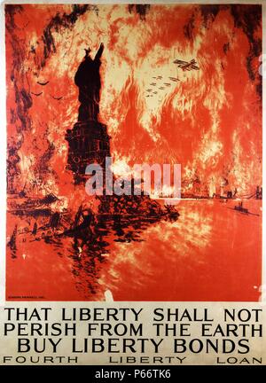 Diese Freiheit ist nicht von der Erde vertilgt - Freiheit-Anleihen kaufen vierten Freiheit Darlehen durch Künstler Joseph Pennell 1857-1926. Poster mit der Freiheitsstatue in Trümmern, und die Skyline von New York in Flammen. Vom 1918 Stockfoto