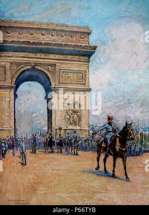 Die siegreichen Französischen Armee am Ende des Ersten Weltkriegs. Die Armee unter der Führung von General Mangin übergibt den Arc de Triomphe, von Charles Duvent 1919 Stockfoto