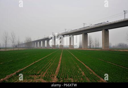CRH Klasse 2 Elektrischer Triebzug Blätter Luoyang Station auf dem Zhengzhou Xi'an High Speed Line, China. 27. Februar 2010. Stockfoto