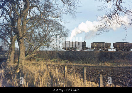 Ein Rake von leere Wagen Köpfe von der britischen Eisenbahn exchange Gleisanschlüsse zu Shilbottle Zeche in der Nähe von Alnwick hinter Hunslet Sparmaßnahmen 0-6-0 ST Nr. 45 auf Stockfoto
