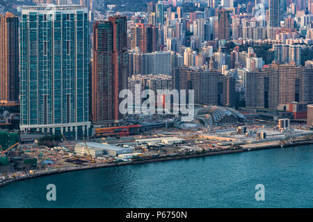 West Kowloon, Hong Kong - 05.April 2018: Luftbild der Baustelle von Hongkong West Kowloon Station Stockfoto