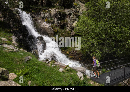 Salz de Fontalba Wasserfall an dem Punkt, wo sie den Rio de Nuria Fluss im Tal Vall de Nuria, Katalonien, Spanien Stockfoto