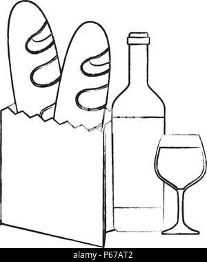 Picknick Korb mit Brot, Wurst und Wein Flasche mit weißem Hintergrund, Vector Illustration Stock Vektor