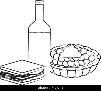 Picknick Korb mit Brot, Wurst und Wein Flasche mit weißem Hintergrund, Vector Illustration Stock Vektor