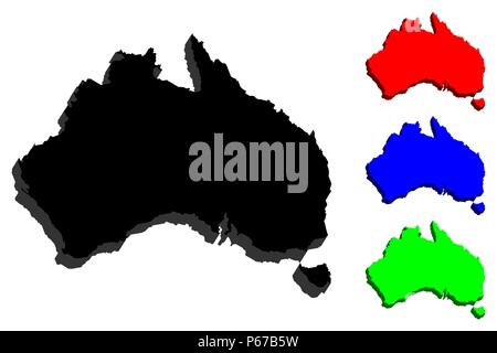 3D-Karte von Australien Kontinent (Commonwealth von Australien) - Schwarz, Rot, Blau und Grün-Vector Illustration Stock Vektor