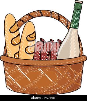 Picknick Korb mit Brot, Wurst und Wein Flasche mit weißem Hintergrund, Vector Illustration Stock Vektor