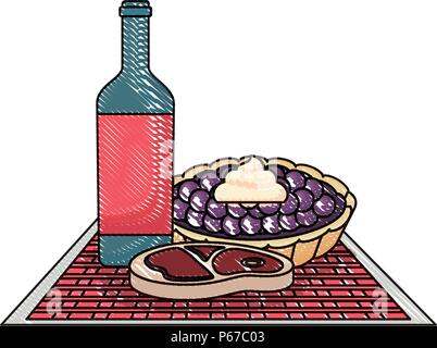 Das Essen bei einem Picknick mit Wein Flasche mit süßen Kuchen und Fleisch Steak auf weißem Hintergrund, Vector Illustration Stock Vektor