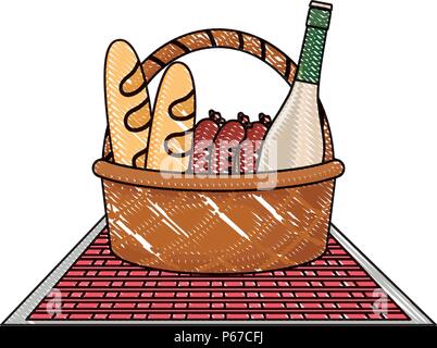 Picknick Korb mit Brot, Wurst und Wein Flasche mit weißem Hintergrund, Vector Illustration Stock Vektor