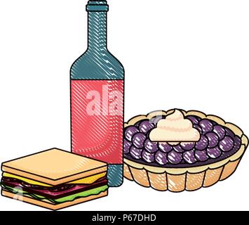 Picknick Korb mit Brot, Wurst und Wein Flasche mit weißem Hintergrund, Vector Illustration Stock Vektor