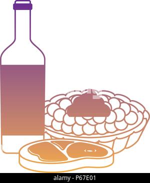 Das Essen bei einem Picknick mit Wein Flasche mit süßen Kuchen und Fleisch Steak auf weißem Hintergrund, Vector Illustration Stock Vektor