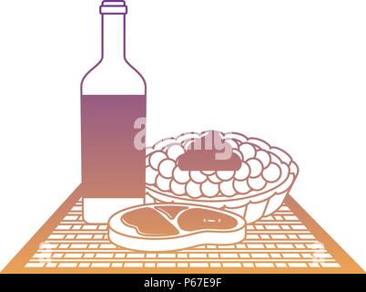 Das Essen bei einem Picknick mit Wein Flasche mit süßen Kuchen und Fleisch Steak auf weißem Hintergrund, Vector Illustration Stock Vektor