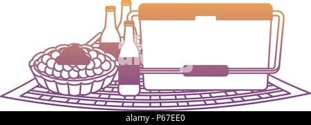 Das Essen bei einem Picknick Design mit Essen Kühler mit Bierflaschen und süßen Kuchen auf weißem Hintergrund, Vector Illustration Stock Vektor