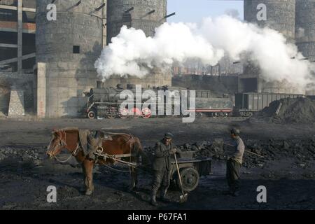 Kohle Gülle aus der Waschmaschine bei Beichang North Eastern China ist mit Pferd und Wagen für die Austrocknung und anschließenden Verkauf gesammelt. Industrielle SY Klasse 2-8 Stockfoto