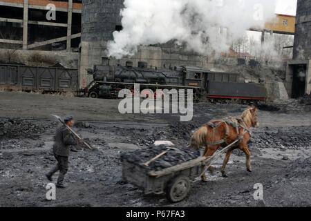 Kohle Gülle aus der Waschmaschine bei Beichang North Eastern China ist mit Pferd und Wagen für die Austrocknung und anschließenden Verkauf gesammelt. Industrielle SY Klasse 2-8 Stockfoto