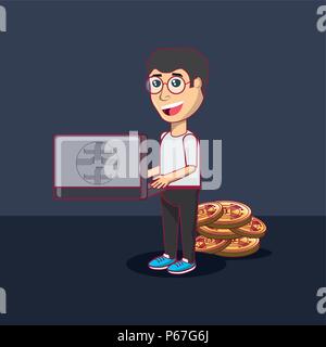 Cartoon Mann stand mit einem Laptop-Computer und cryptocoins um über schwarzer Hintergrund, farbenfrohen Design. Vector Illustration Stock Vektor