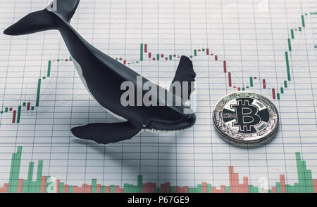 Konzeptuelle Darstellung Bitcoin Wal Inhaber als einzigen coing auf flüchtigen Preis wert Diagramm neben Wal Abbildung platziert Stockfoto
