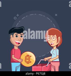 Cartoon Mann hält eine bitcoin Münze und Frau mit einem Warenkorb über schwarzer Hintergrund, farbenfrohen Design. Vector Illustration Stock Vektor