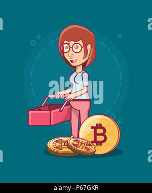 Cartoon Mann hält ein Warenkorb und cryptocoins über blauen Hintergrund, farbenfrohen Design. Vector Illustration Stock Vektor