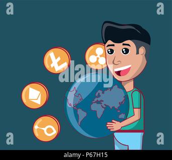Cartoon Mann hält eine Erde - Planet und cryptocoins um über blauen Hintergrund, farbenfrohen Design. Vector Illustration Stock Vektor