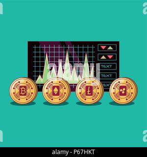 Cryptocurrency Börse und cryptocoins über Türkis Hintergrund, farbenfrohen Design. Vector Illustration Stock Vektor