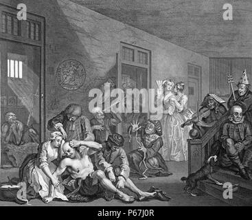 Platte 8 Bedlam von The Rake's Progress. Platte in einer Serie von acht des 18. Jahrhunderts englischen Künstler William Hogarth. 1735. Die Serie zeigt den Niedergang und Fall des Tom Rakewell; die Zecher Sohn und Erben von einem reichen Kaufmann; wer kommt nach London; Abfälle all sein Geld auf luxuriösen Leben; Prostitution und Glücksspiel; und als Konsequenz ist in der Flotte, Gefängnis und schließlich Bethlem Krankenhaus; oder Bedlam Stockfoto