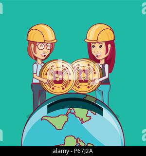 Cartoon Frauen mit cryptocurrency Münzen und Erde in kässeli Form über Türkis Hintergrund, farbenfrohen Design. Vector Illustration Stock Vektor