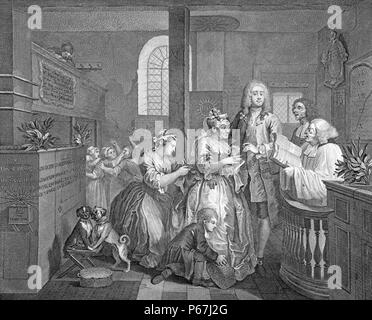 The Rake's Progress. Platte 5 einer Reihe von acht des 18. Jahrhunderts englischen Künstler William Hogarth. 1735. Die Serie zeigt den Niedergang und Fall des Tom Rakewell; die Zecher Sohn und Erben von einem reichen Kaufmann; wer kommt nach London; Abfälle all sein Geld auf luxuriösen Leben; Prostitution und Glücksspiel; und als Konsequenz ist in der Flotte, Gefängnis und schließlich Bethlem Krankenhaus; oder Bedlam Stockfoto