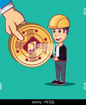 Hand mit einem astraleums Münze und Cartoon Mann über Türkis Hintergrund stehend, farbenfrohen Design. Vector Illustration Stock Vektor