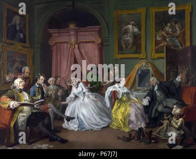 William Hogarth 1697-1764. "Ehe A-la-Mode 'Nummer 4' die Toilette. Ehe à la mode ist eine Serie von sechs Bilder gemalt von William Hogarth zwischen 1743 und 1745 persiflieren eine Oberschicht des 18. Jahrhunderts die englische Gesellschaft. Stockfoto