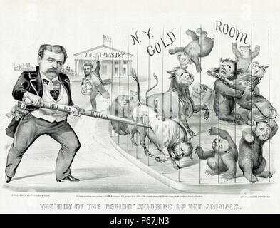 Der "Junge von der Zeitraum "Aufrühren der Tiere' Karikatur der Finanzier Jay Gould, Links, der versucht, den Goldmarkt zu Ecke, von Bullen und Bären in einem Käfig vertreten. Am Schwarzen Freitag, September 1869, in der Mitte der Skandal, Präsident Ulysses S. Grant, Mitte, restaurierten vorherrschenden gold Preise durch das US-Finanzministerium verkaufen fünf Millionen Dollar in Gold, die er sich in einem Beutel mit sich bringt. Stockfoto