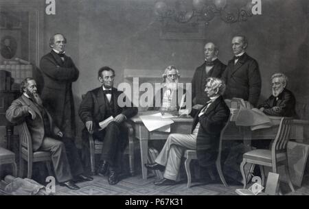 Die erste Lesung der Emanzipation-proklamation vor dem Kabinett" Re-enactment von Abraham Lincoln die Unterzeichnung der Emanzipations-proklamation am 22. Juli 1862. Dargestellt sind von links nach rechts: Edwin M. Stanton, Sekretär des Krieges, Lachs S. Chase, Staatssekretär im Finanzministerium, Präsident Lincoln, Gideon Welles, Sekretär der Marine, Kaleb, B. Smith, Staatssekretär des Innern, William Henry Seward, Staatssekretär, Montgomery Blair, Postmaster General, und Edward Bates, Attorney General. Stockfoto