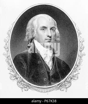 James Madison, der vierte Präsident der Vereinigten Staaten. Er wird als der "Vater der Verfassung" für sein bei der Ausarbeitung der Verfassung der Vereinigten Staaten und als Meister und Autor der United States Bill of Rights instrumental gehagelt. Stockfoto