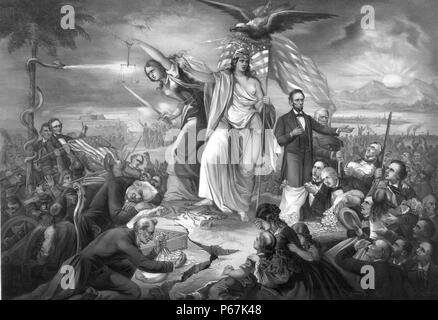 Der Ausbruch der Rebellion in den Vereinigten Staaten 1861" eine große Allegorie auf den Bürgerkrieg in Amerika, scharfe Kritik der Buchanan Verwaltung, Jefferson Davis, und der Konföderation. Im Zentrum steht die Freiheit und trug eine Phrygische Mütze und einem Lorbeerkranz. Sie ist durch die Zahlen der Gerechtigkeit (unblindfolded, mit einem Schwert und Waage) und Abraham Lincoln flankiert. Stockfoto