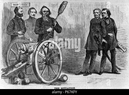 Die Situation "Ulysses Grant und Edwin Stanton in der Nähe von Kanone gekennzeichnet"Kongreß"abzielen, Lorenzo Thomas und Präsident Johnson. Stockfoto