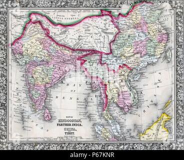 19. Jahrhundert-Karte von Indien, Tibet, China und Südostasien. Datiert 1864 Stockfoto