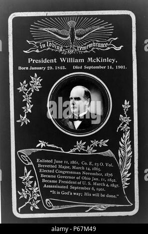 Denkmal für Präsident McKinley. "In liebevoller Erinnerung, Präsident William McKinley, geboren am 29. Januar 1843, starb am 14. September 1901' McKinley der 25. Präsident der Vereinigten Staaten und führte die Nation zum Sieg im spanisch-amerikanischen Krieg, Schutzzölle der amerikanischen Industrie zu fördern, und hielt die Nation auf dem Gold Standard in einer Ablehnung der inflationären Vorschläge. Stockfoto
