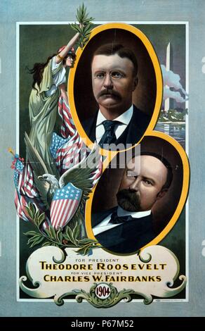 Für Präsidenten, Theodore Roosevelt, Vice President, Charles W. Fairbanks' Kampagne Material für Roosevelt und Fairbanks. Roosevelt (1858-1919) war ein US-amerikanischer Politiker, Autor, Naturforscher, Explorer und Historiker, der als 26. Präsident der Vereinigten Staaten gedient. Stockfoto