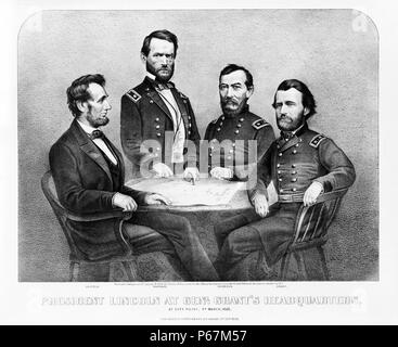 Präsident Lincoln (1809-1865) an Genl. Grant's Hauptquartier. Abraham Lincoln, William Tecumseh Sherman, Philip Henry Sheridan und Ulysses S. Grant um einen kleinen Tisch mit einer Karte. Stockfoto