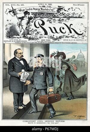 Konsequente Reform des öffentlichen Dienstes "Präsident Cleveland Übergabe ein Papier, dass Staaten 'Re-Termin für Ehrlichkeit und Effizienz" an Henry G. Pearson für seine Ernennung als Postmaster in New York. Pearson ist ein Feld mit dem Text "das Vertrauen der Menschen'. Im Hintergrund sind Whitelaw Reid mit Dolch mit der Aufschrift "N.Y. Tribune" und Charles A. Dana mit Dolch mit der Aufschrift "N.Y. Sun'; sie erscheinen beide wütend, dass ein effizientes und ehrliche Bürger zu einem öffentlichen Dienst berufen wurde. Stockfoto