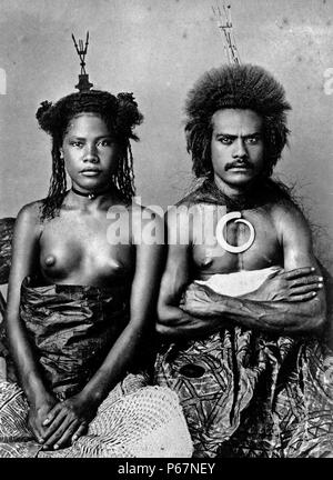Porträt einer tribal Fidschi Mann & Frau. Datiert um 1884. Stockfoto