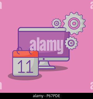 Computer mit Kalender und Zahnrad auf rosa Hintergrund, farbenfrohen Design. Vector Illustration Stock Vektor