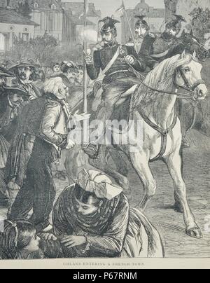 Gravur zeigt die Ankunft der Ulanen in eine französische Stadt. Ulanen waren polnische leichte Kavallerie bewaffnet mit Lanzen, Schwerter und Pistolen. Der Titel wurde später von Lancer Regimenter in der Russischen, preußischen und österreichischen Armeen verwendet. Vom 1870 Stockfoto