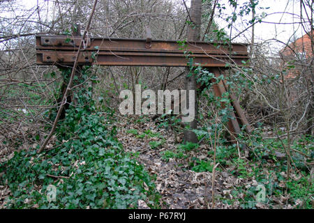 Überwucherte Prellböcken markieren das Ende der Linie für die stillgelegte Luton zu Dunstable Strangleitung in Dunstable. Januar 2004. Stockfoto