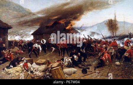 Die Schlacht von rorke's Drift, während der Anglo-Zulu Krieg. Die Verteidigung der Mission von rorke's Drift, unter dem Kommando von Lieutenant John Mangold folgte die Niederlage der britischen Armee in der Schlacht von Isandlwana; 22. Januar 1879, und setzte sich in den folgenden Tag, den 23. Januar. Etwas mehr als 150 Britische und kolonialen Truppen verteidigte erfolgreich den Garnison gegen eine intensive Angriff von 3.000 bis 4.000 Zulu Krieger. Stockfoto