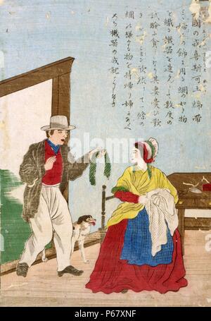 Japanische hand farbige Holzschnitt. Bild zeigt John heathcoat, der Erfinder der Strickmaschine, zeigt der Erfolg der Maschine zu seiner Frau. Zwischen 1850 und 1900 erstellt. Stockfoto