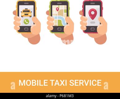 Satz von drei Hände halten Smartphones. Mobile taxi service Flachbild Symbole Stock Vektor