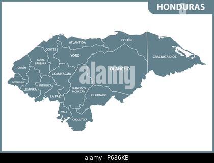 Die detaillierte Karte von Honduras mit Regionen. Verwaltungseinheit. Stock Vektor