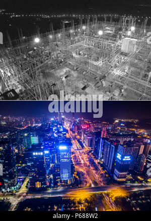 Shenzhen. 28 Juni, 2018. Der obere Teil (Datei) Dieser combo Foto von Chen Xuesi zeigt die Baustelle eines International Trade Center in Shenzhen, im Süden der chinesischen Provinz Guangdong. Im unteren Teil der Combo Foto von Mao Siqian am 14.02.2017, zeigt eine Nacht von Sicht von Shenzhen. In dieses Jahr fällt der 40. Jahrestag von Chinas Reform und Öffnung. In den vergangenen vier Jahrzehnten, Shenzhen hat sich von einem kleinen Fischerdorf zu einer Metropole entwickelt. Quelle: Xinhua/Alamy leben Nachrichten Stockfoto